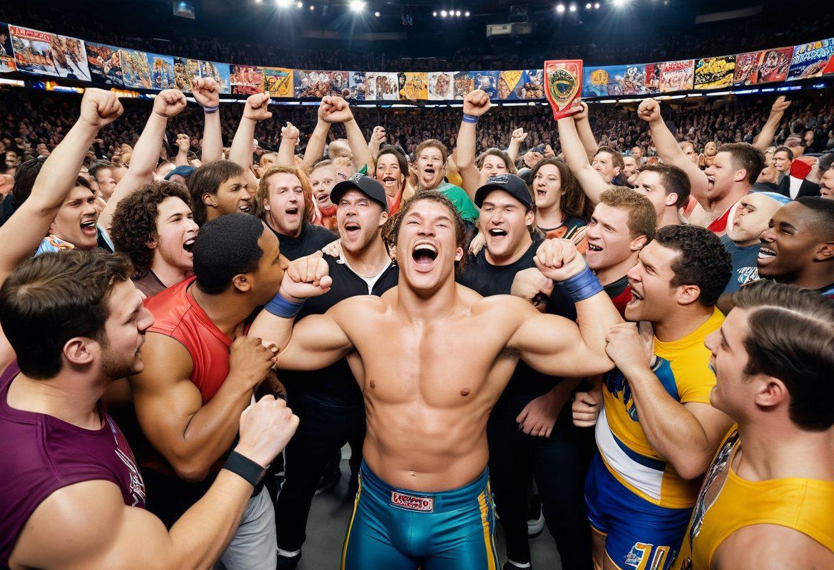 A dynamic scene capturing a diverse group of wrestling fans enthusiastically discussing strategies, surrounded by colorful banners and wrestling memorabilia. The background features a wrestling ring and various championship belts, while the foreground showcases close interactions with animated expressions of joy and excitement. Vivid colors and an energetic atmosphere enhance the sense of community and support among fans. vibrant colors. super-realistic.