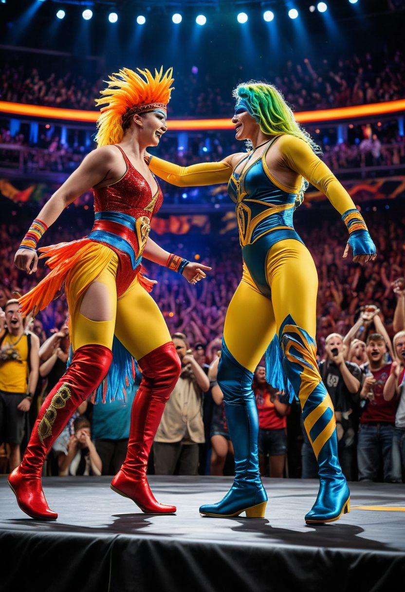 A lively wrestling arena filled with passionate fans, wearing colorful wrestling merchandise and holding signs of support. In the foreground, a dynamic wrestling match unfolds, showcasing athletes in vibrant costumes mid-action. Bright lights illuminate the scene, enhancing the excitement and energy of the crowd. Include elements of joy, camaraderie, and community spirit throughout the image. super-realistic. vibrant colors.