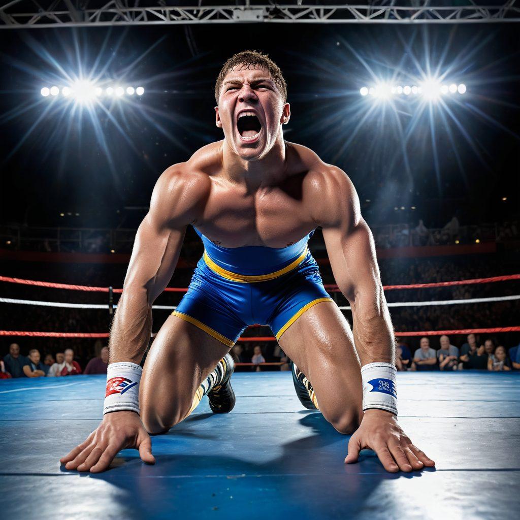 A dynamic wrestling scene depicting an amateur wrestler transitioning into a championship match, capturing the intensity and determination on their face. Surrounding the wrestlers, a cheering crowd with supportive signs, set in a vibrant, lively arena. Incorporate elements like a championship belt and training equipment in the background to symbolize the journey. Bright spotlighting and a dramatic perspective to add tension. super-realistic. vibrant colors. 3D.
